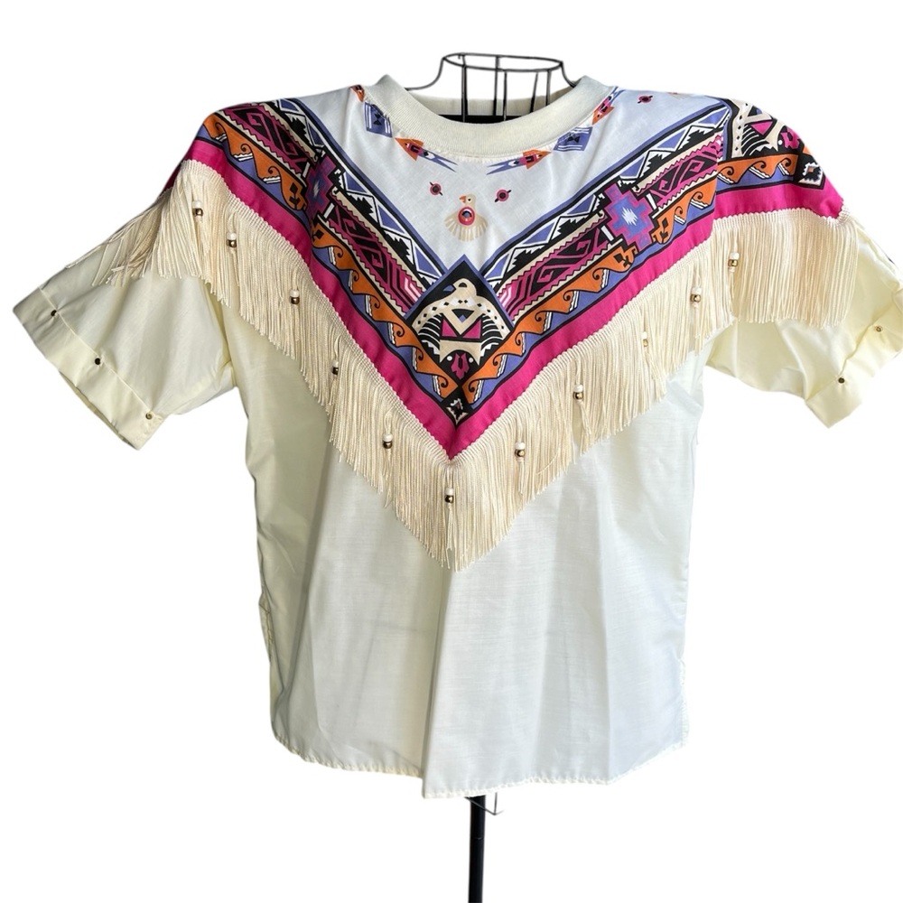 Vintage Hazelwoods Western Fringe Aztec Beaded Top Large NWT Cowgirl Rodeo